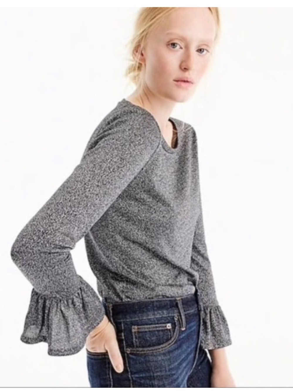 J. Crew Sparkle Bell Sleeve Top in metallic grey
